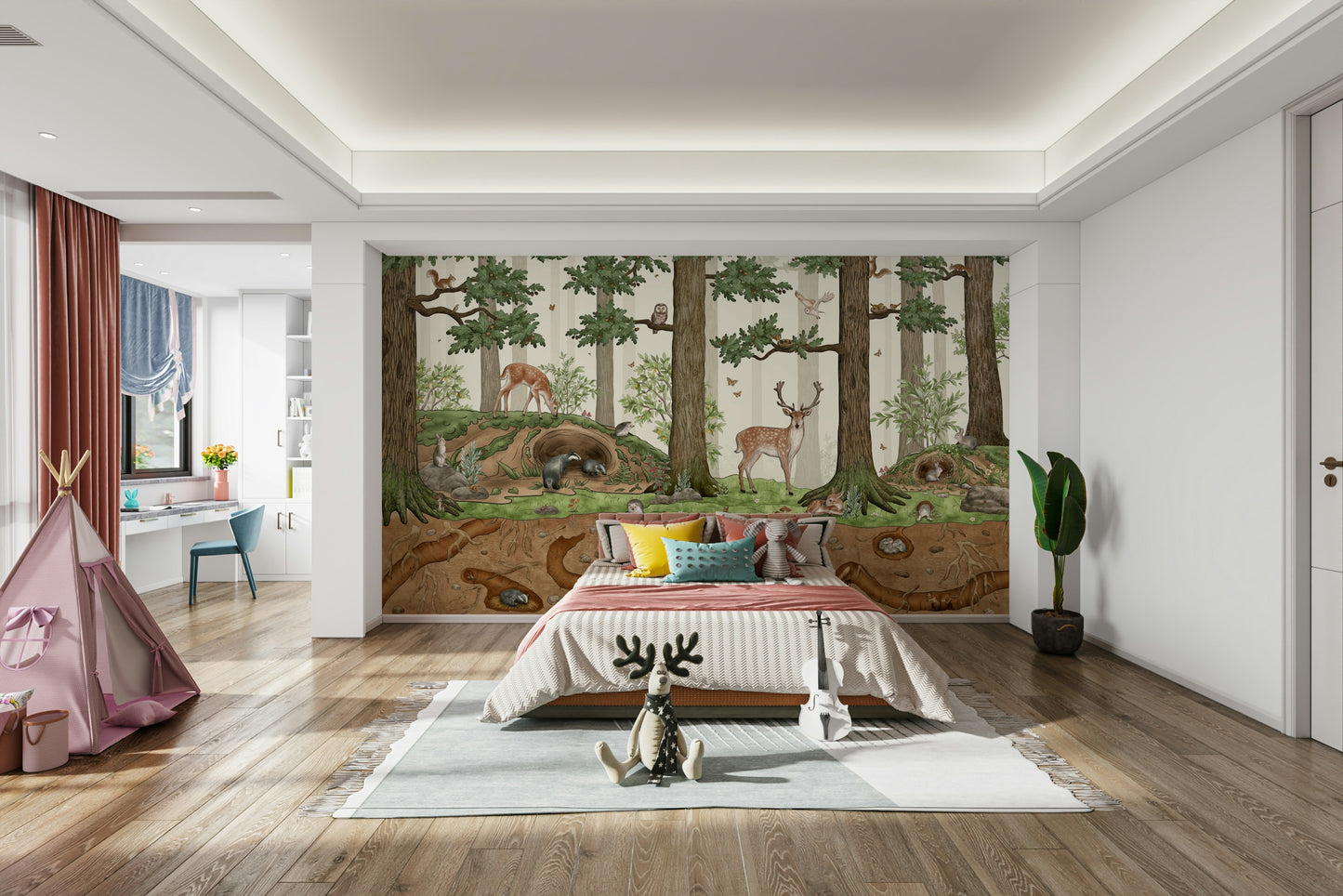 A peaceful woodland scene mural on decorative wallpaper.

