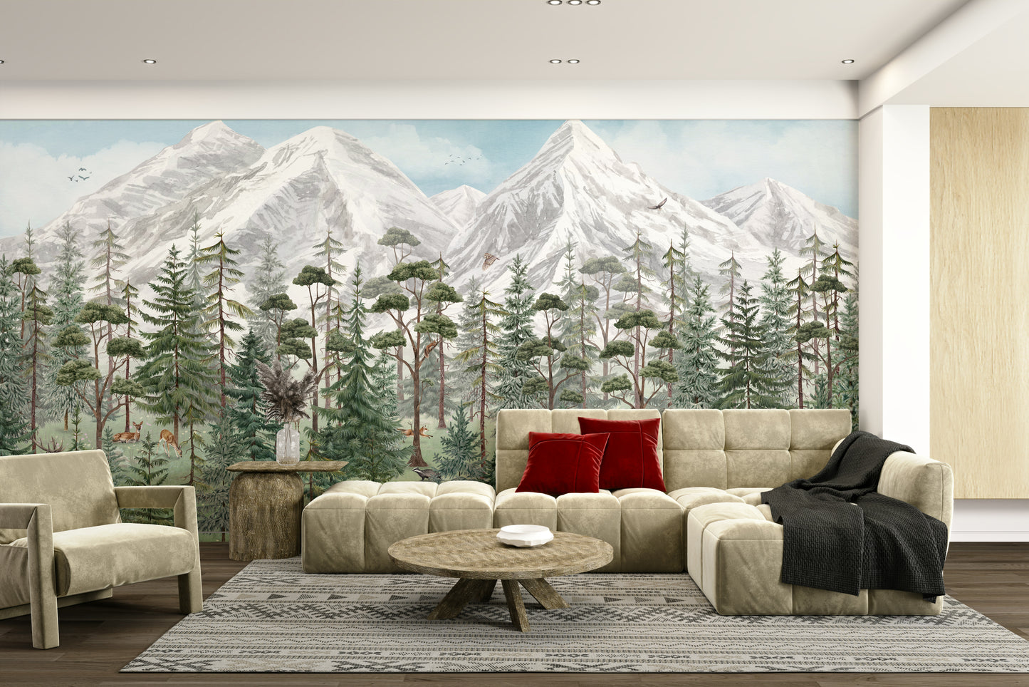 A graceful subtle tree wall mural in cool, natural tones.

