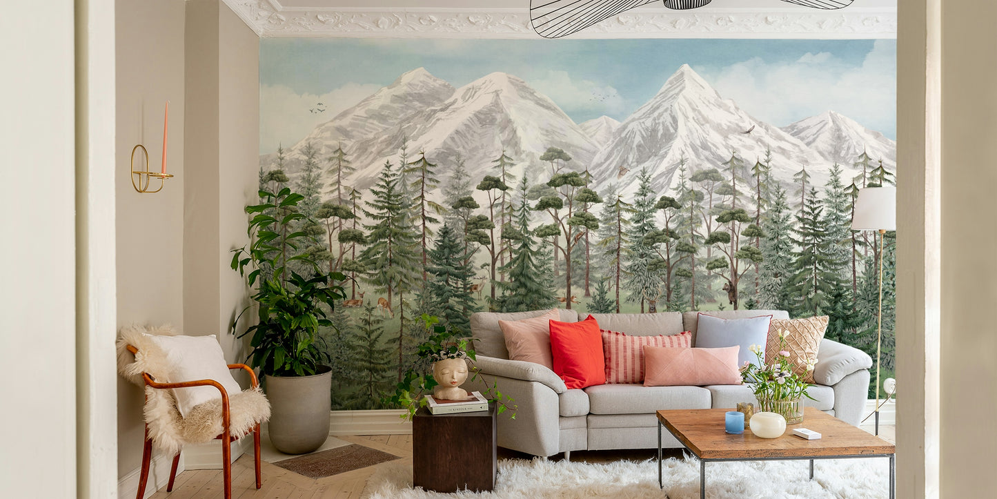 An artistic scenic vista mural on minimalist wallpaper.


