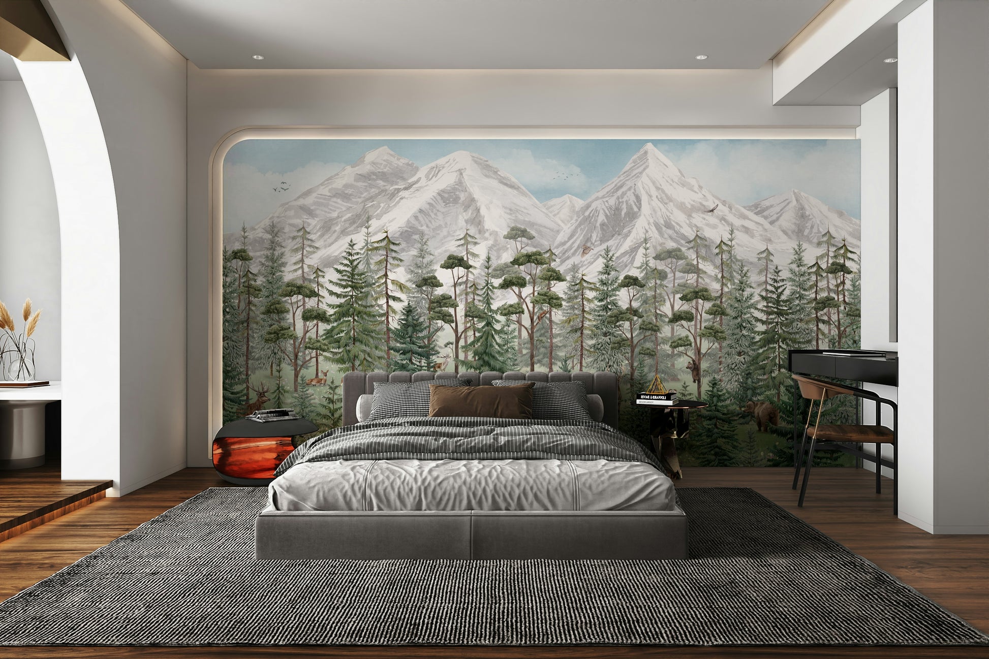 A beautiful serene alpine forest wallpaper mural for a modern home.

