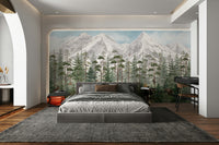 A beautiful serene alpine forest wallpaper mural for a modern home.

