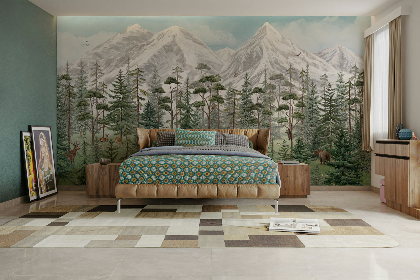A tranquil mountain forest wall mural for your decor.

