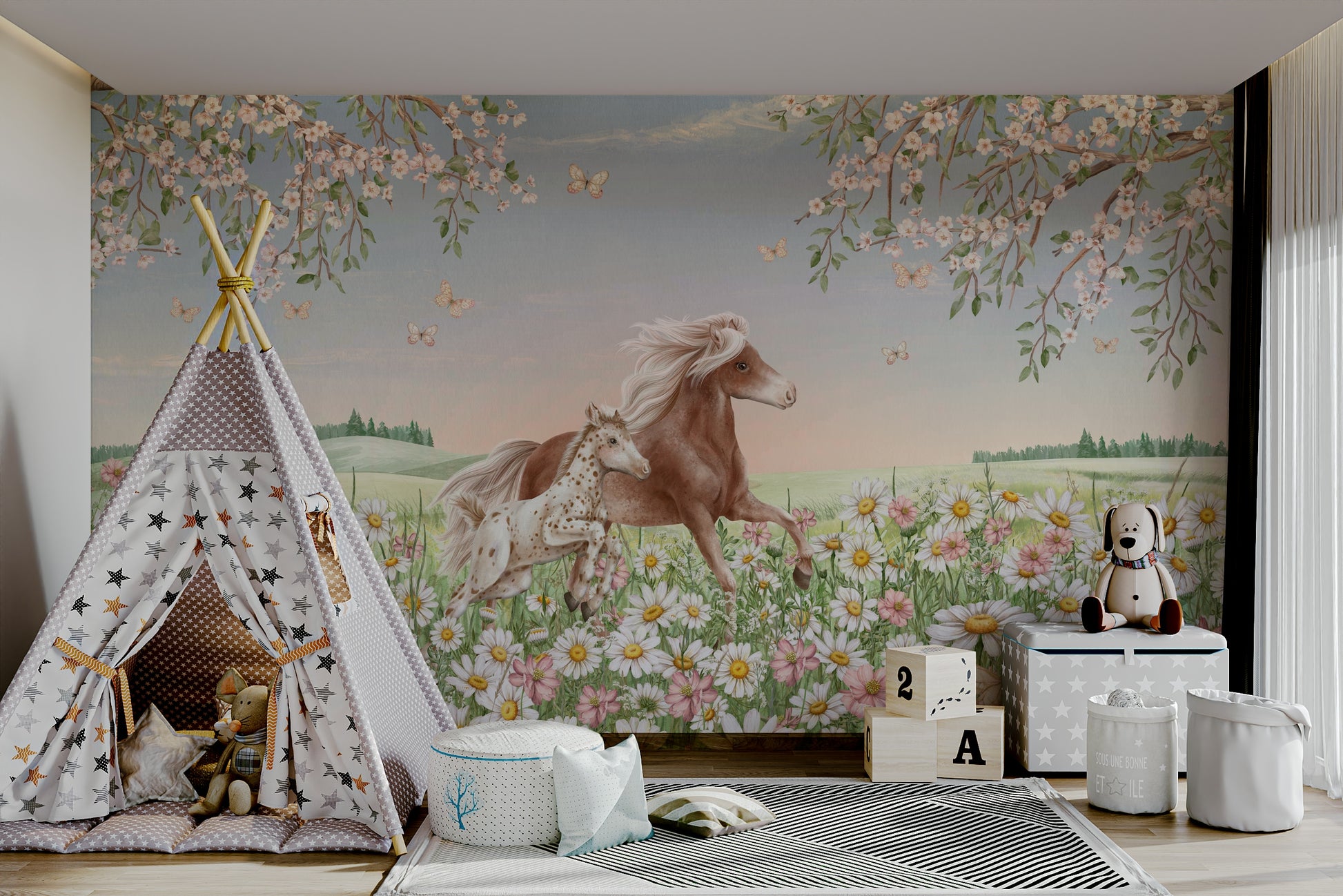 A classic floral horse wallpaper for walls.


