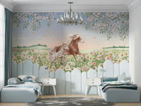 A peaceful animal theme mural on decorative wallpaper.

