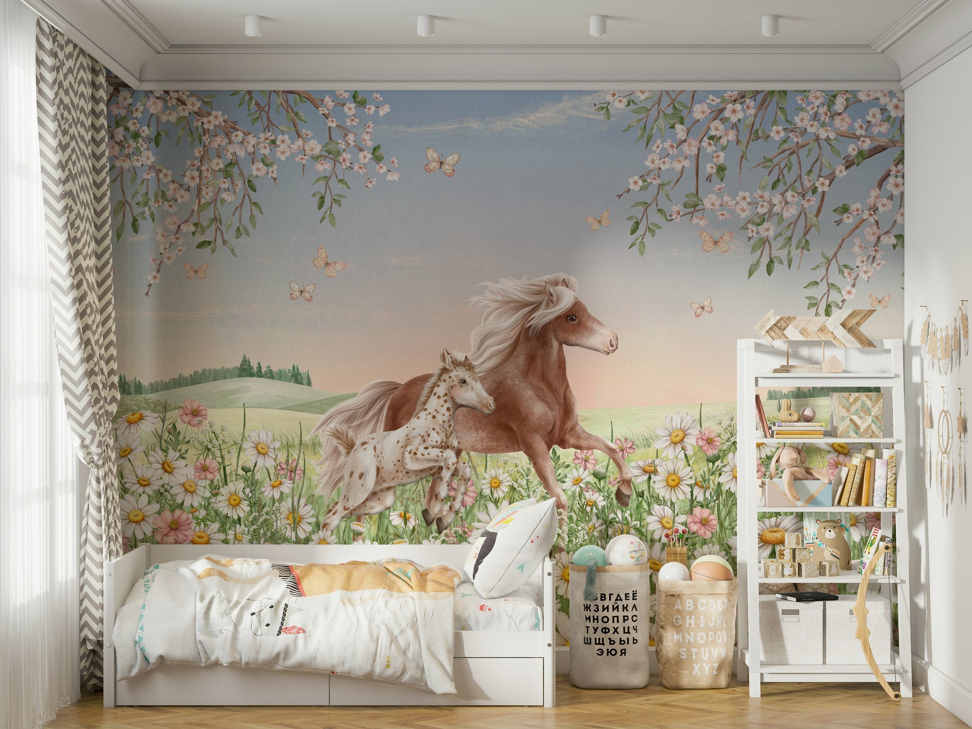 A calming serene horse wallpaper mural that defines a space.

