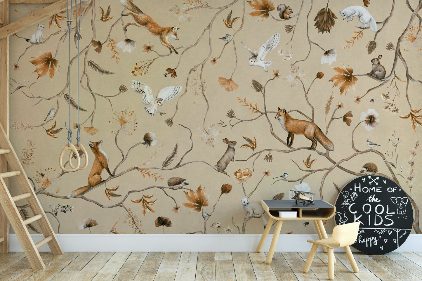 A beautiful modern art wall mural of playful animals.

