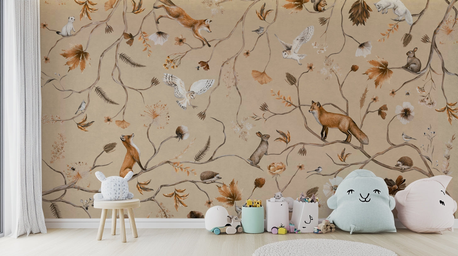 A graceful subtle animal wall mural in cool, natural tones.

