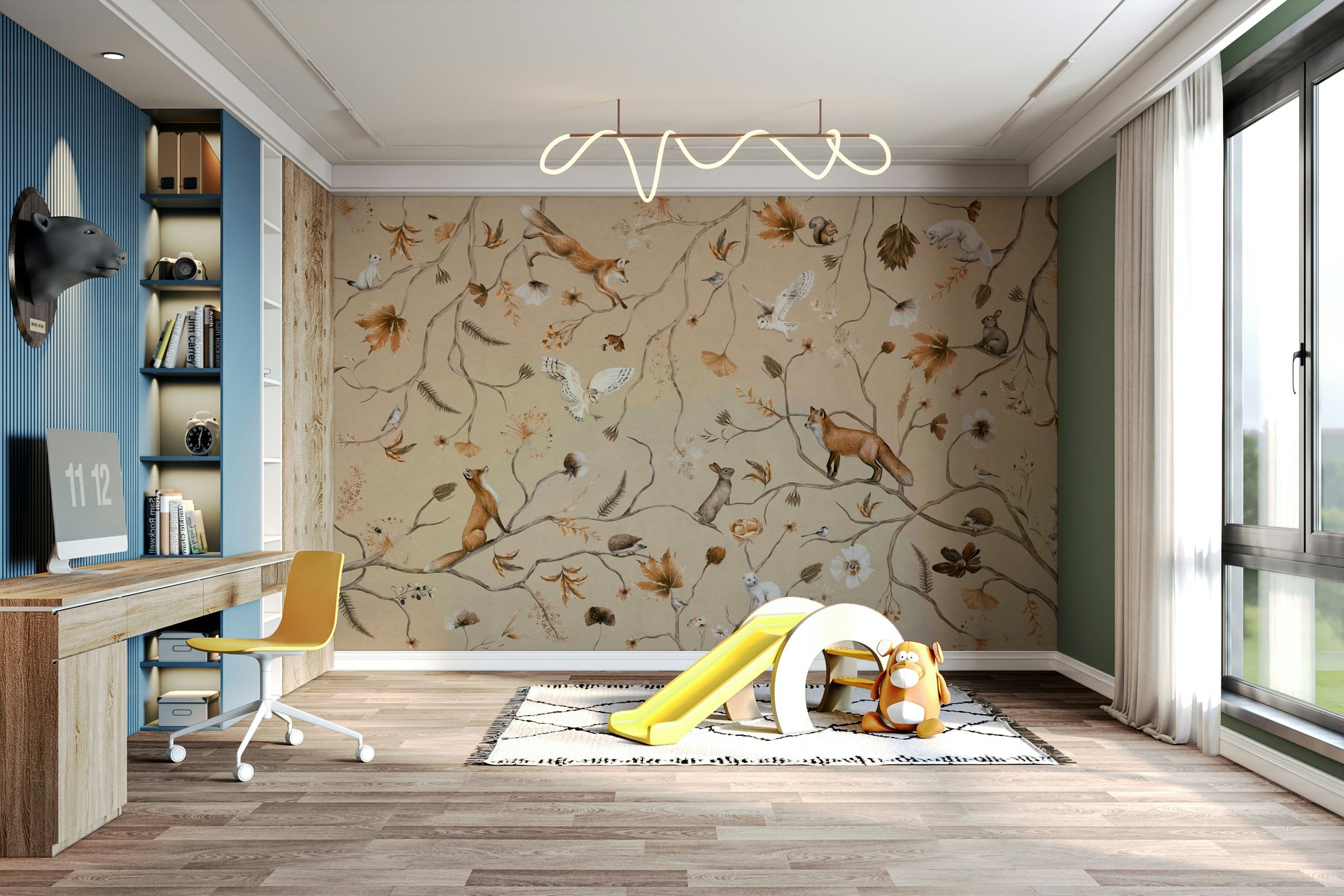 A calming animal design wallpaper mural that defines a space.


