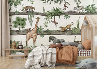 A peaceful tropical forest mural on decorative wallpaper.

