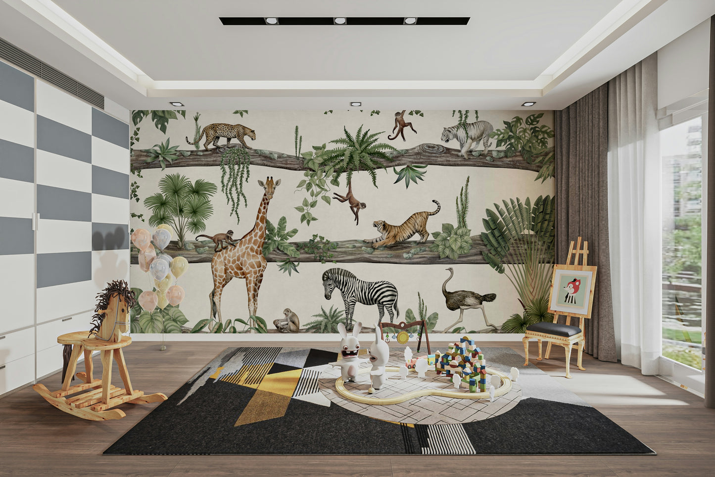 An artistic exotic animal mural on minimalist wallpaper.

