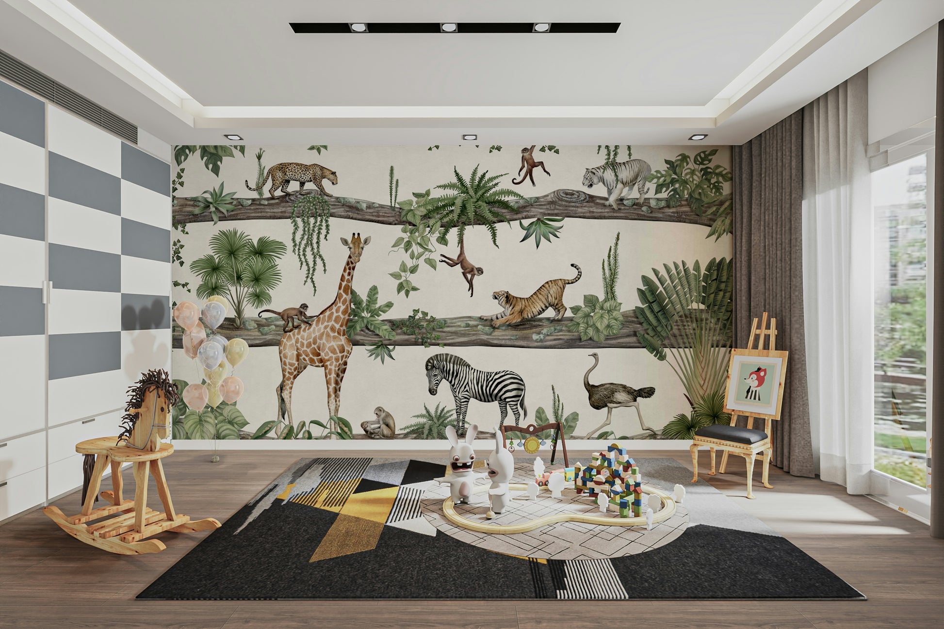 An artistic exotic animal mural on minimalist wallpaper.


