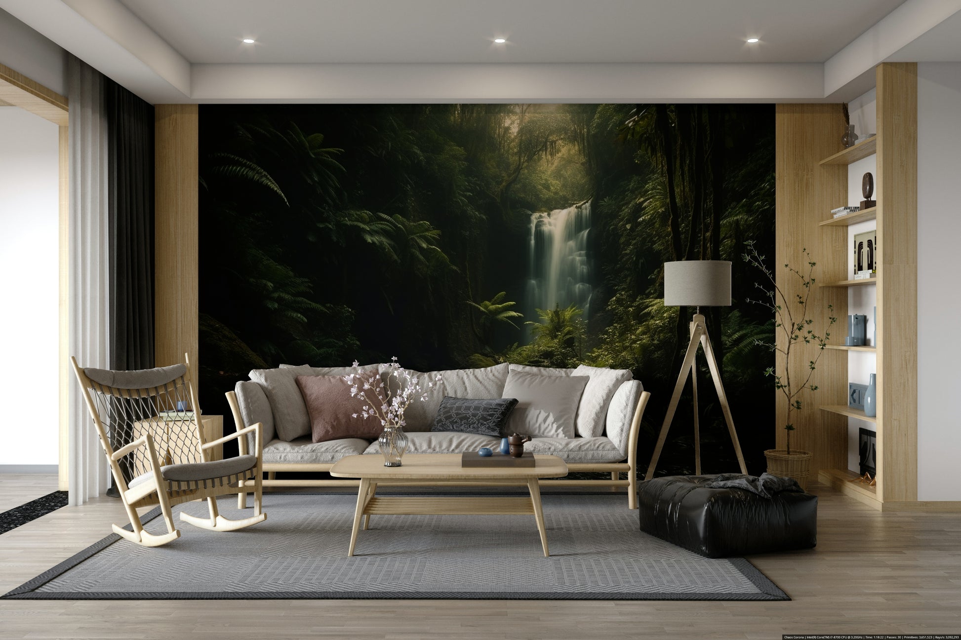 A peaceful forest waterfall mural on decorative wallpaper.

