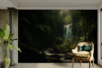 A beautiful dark forest wallpaper mural with a waterfall.

