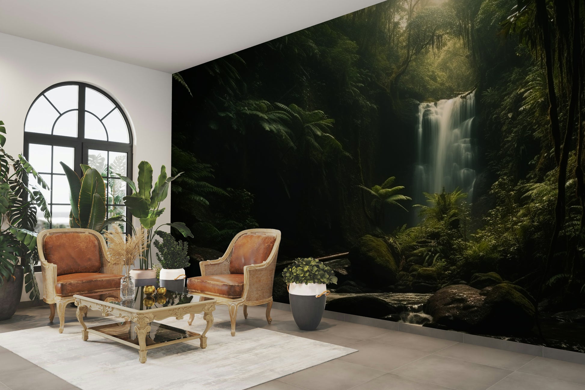 An artistic lush forest mural on scenic wallpaper.


