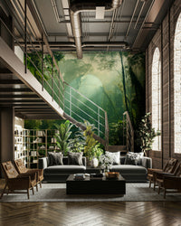 An artistic lush forest mural on minimalist wallpaper.

