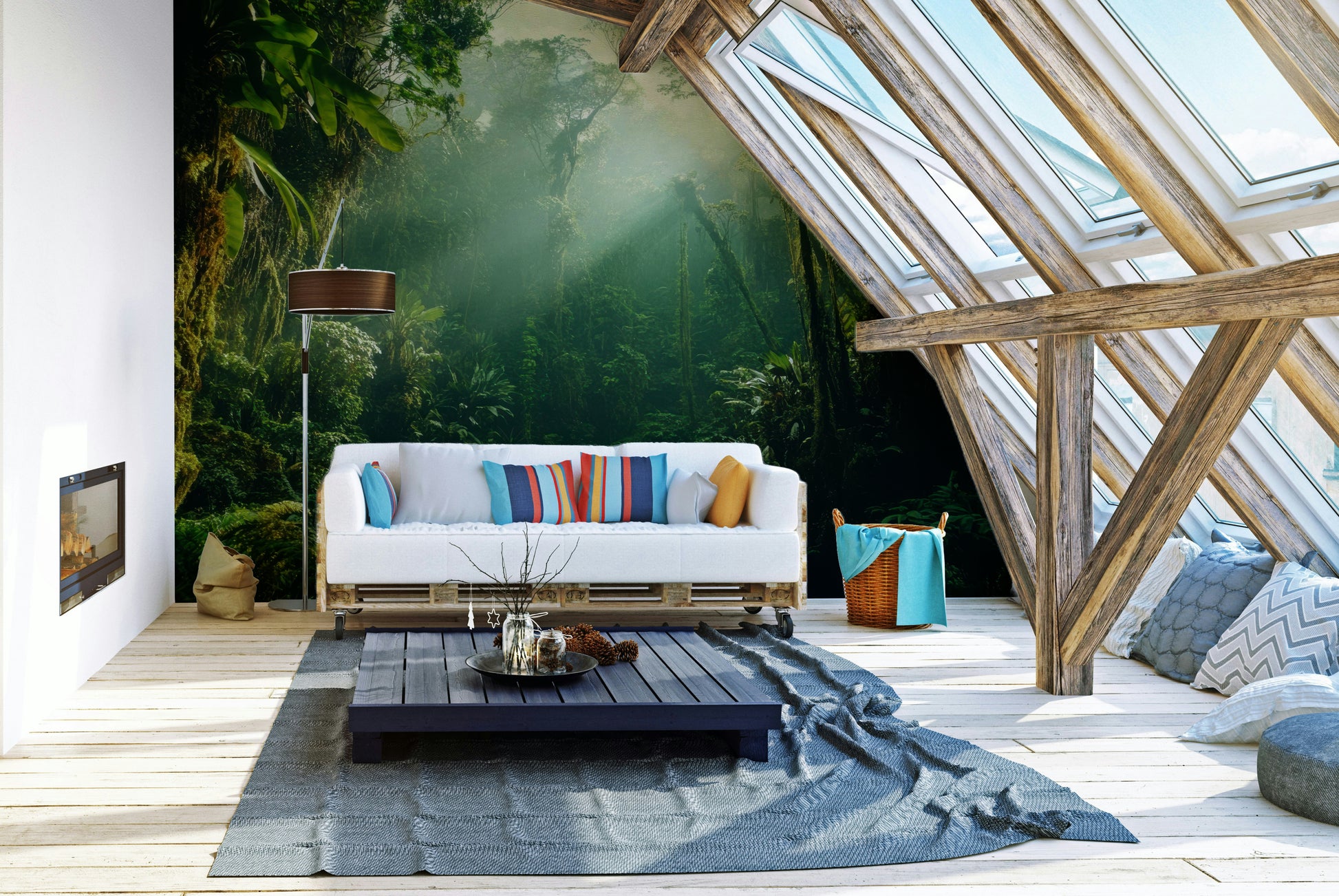 A beautiful tropical forest wall mural for a living room.

