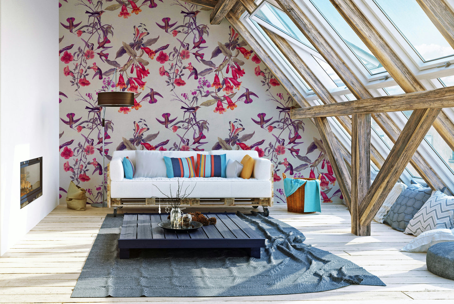 An artistic tropical bloom mural on luxury wallpaper.

