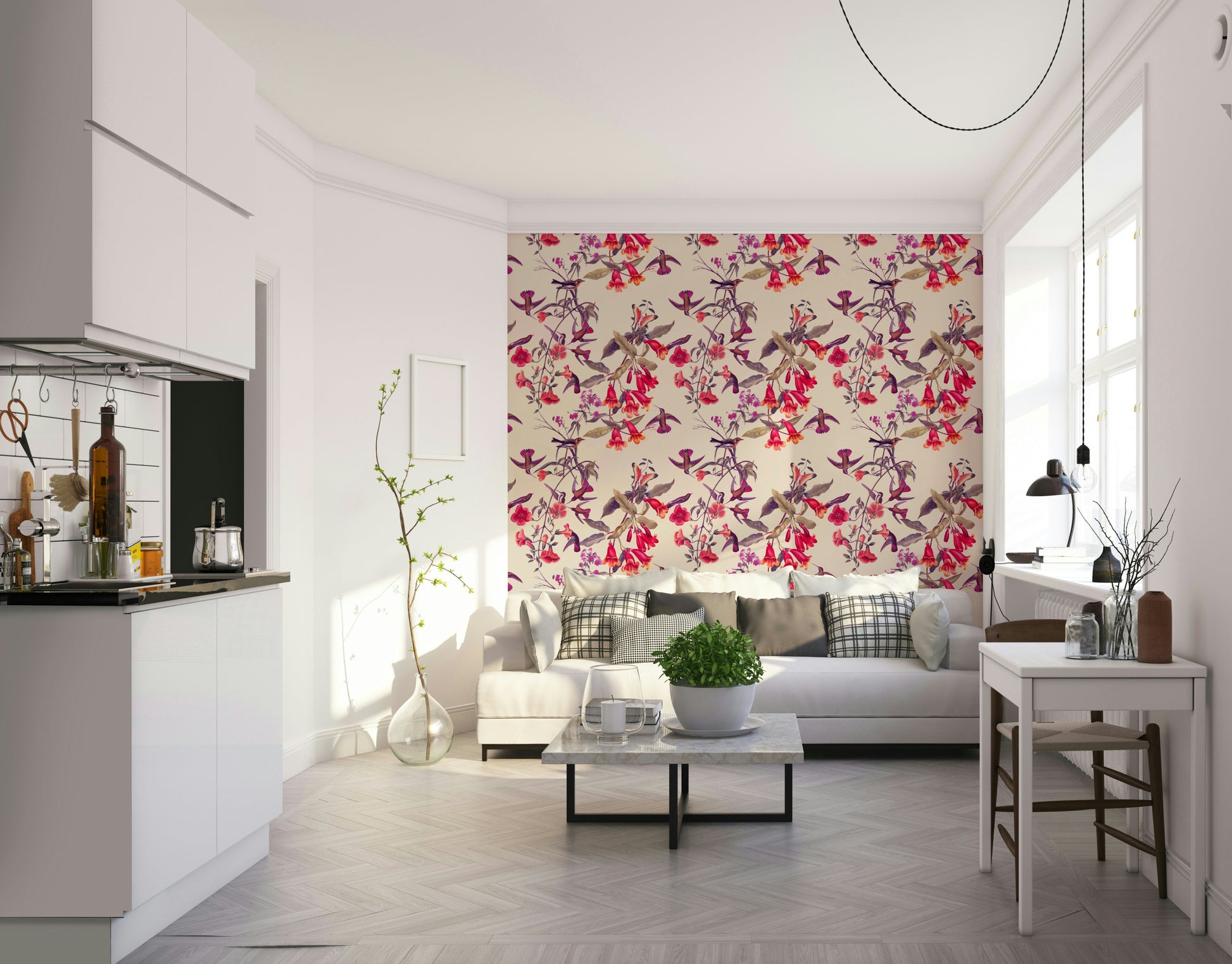 A graceful subtle flower wall mural in bright, natural tones.


