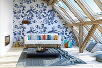 A beautiful serene floral wallpaper mural with subtle birds.

