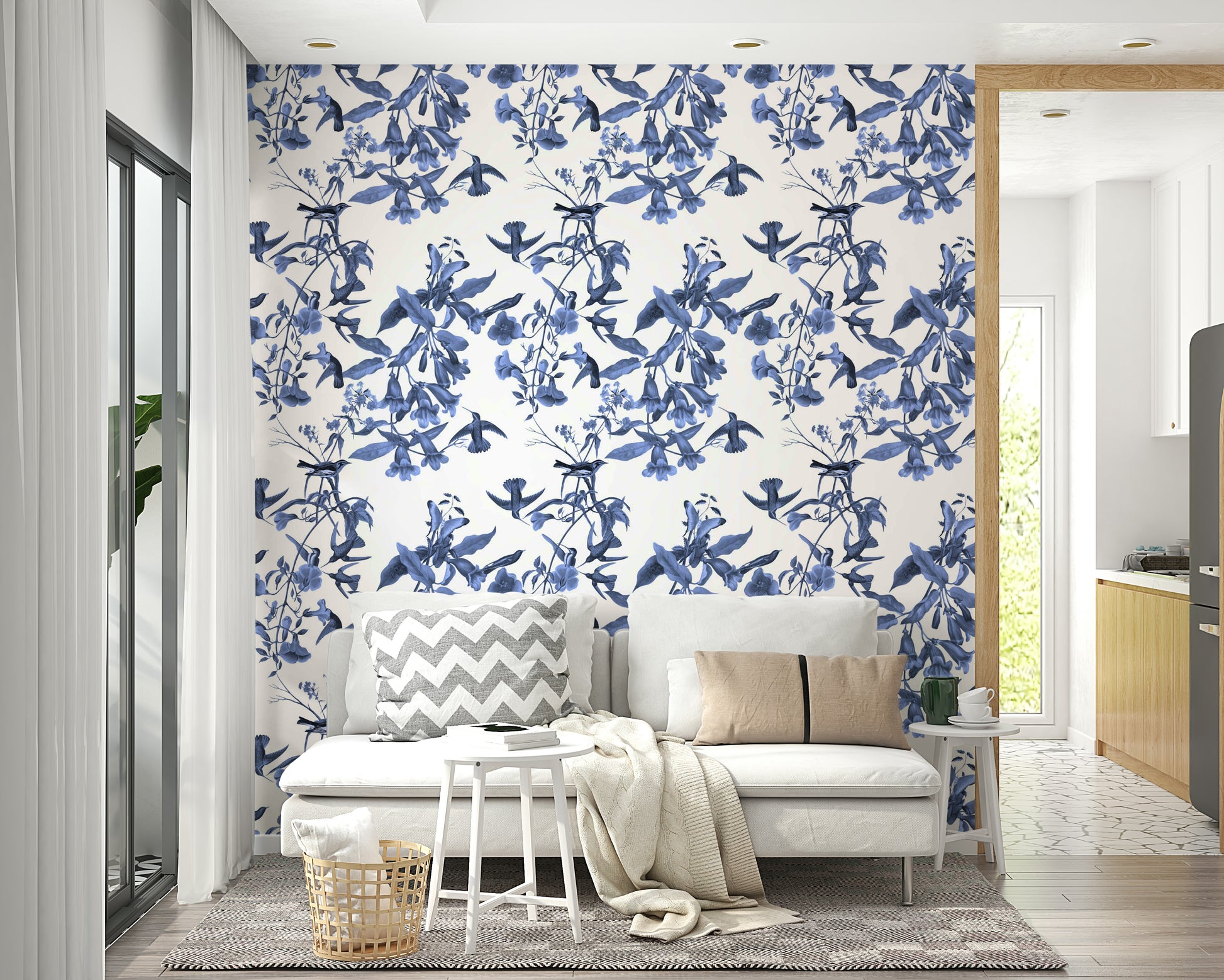 A graceful subtle bloom wall mural in cool, blue tones.

