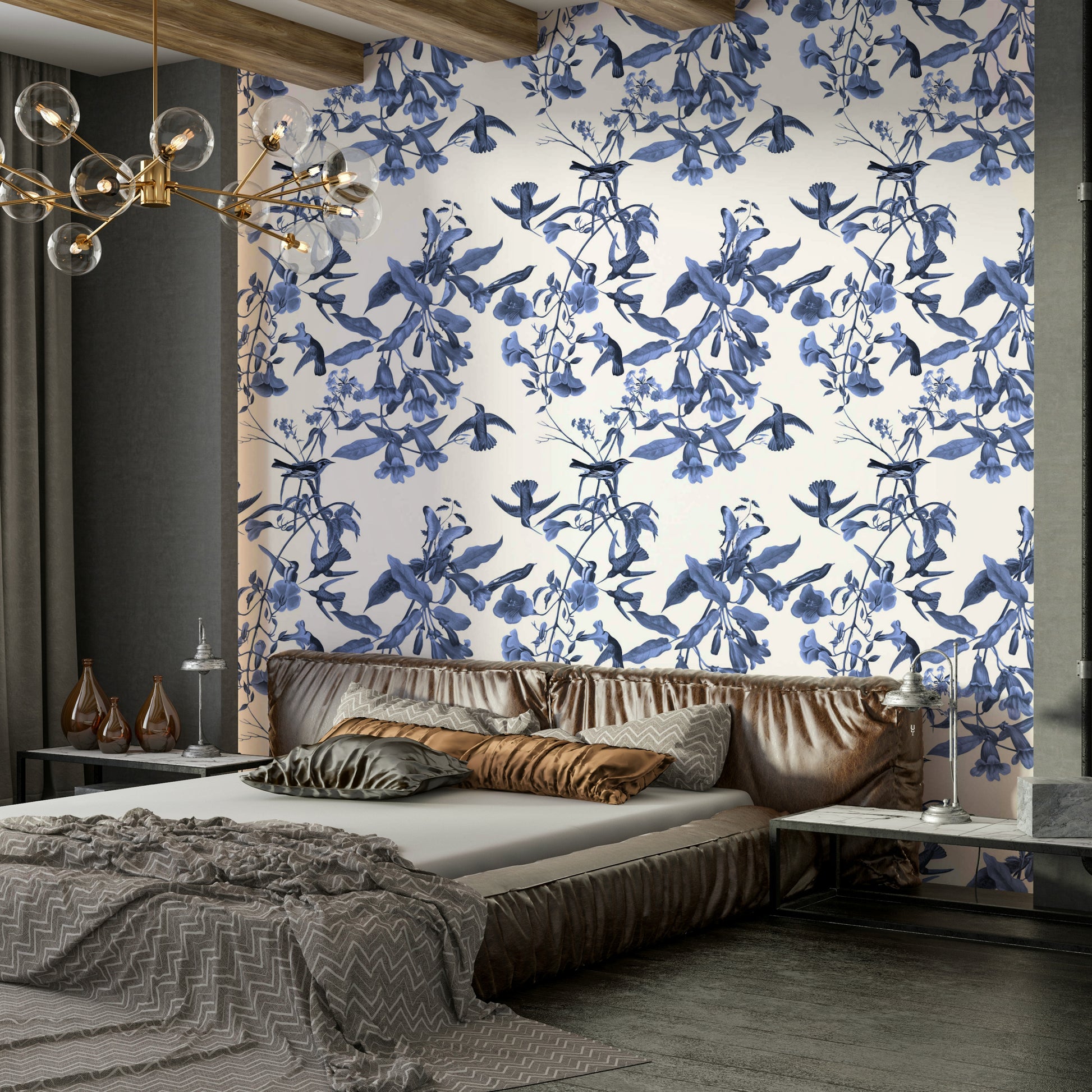 A calming floral design wallpaper mural that defines a space.

