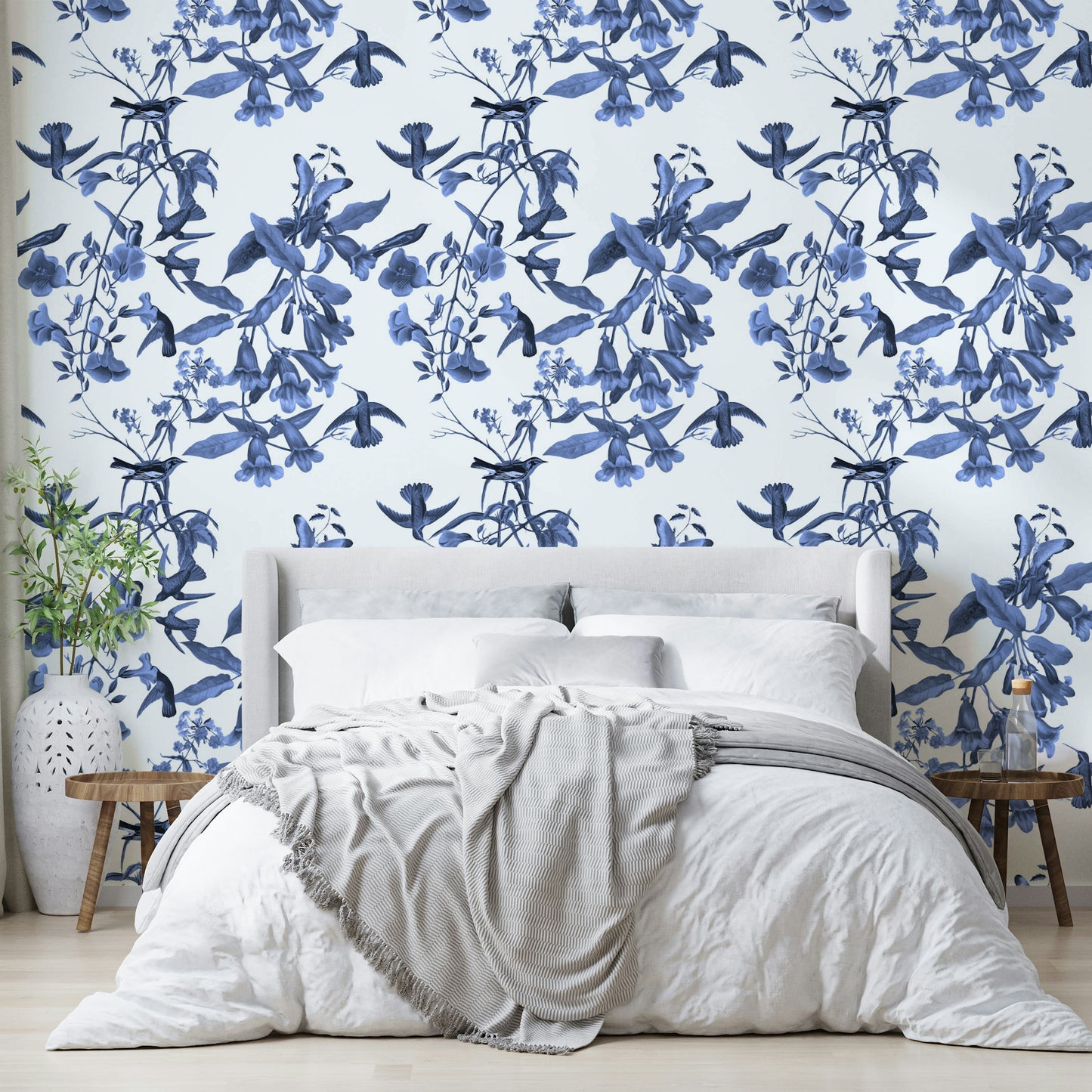 A peaceful nature scene mural on decorative wallpaper.


