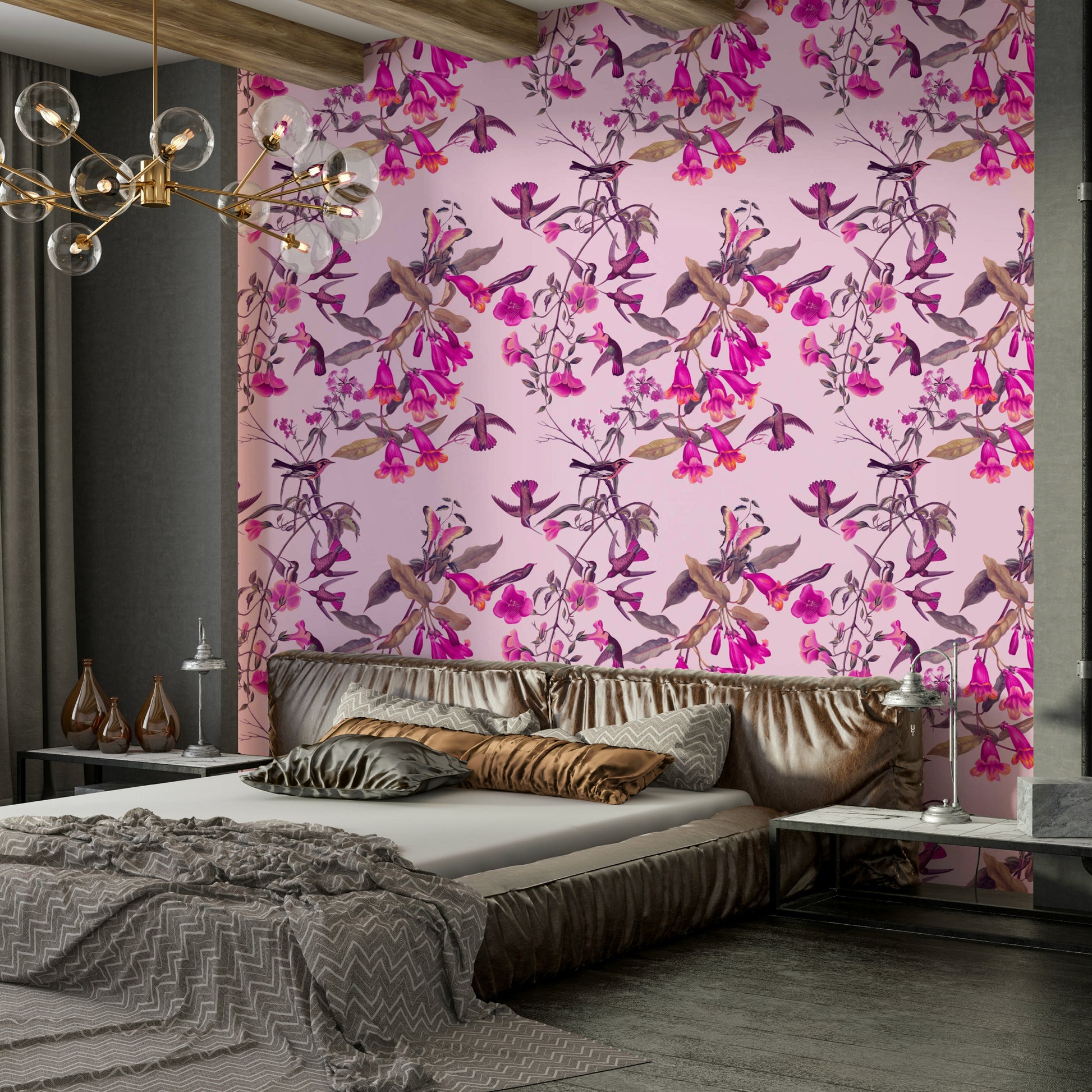 A peaceful botanical aviary mural on decorative wallpaper.

