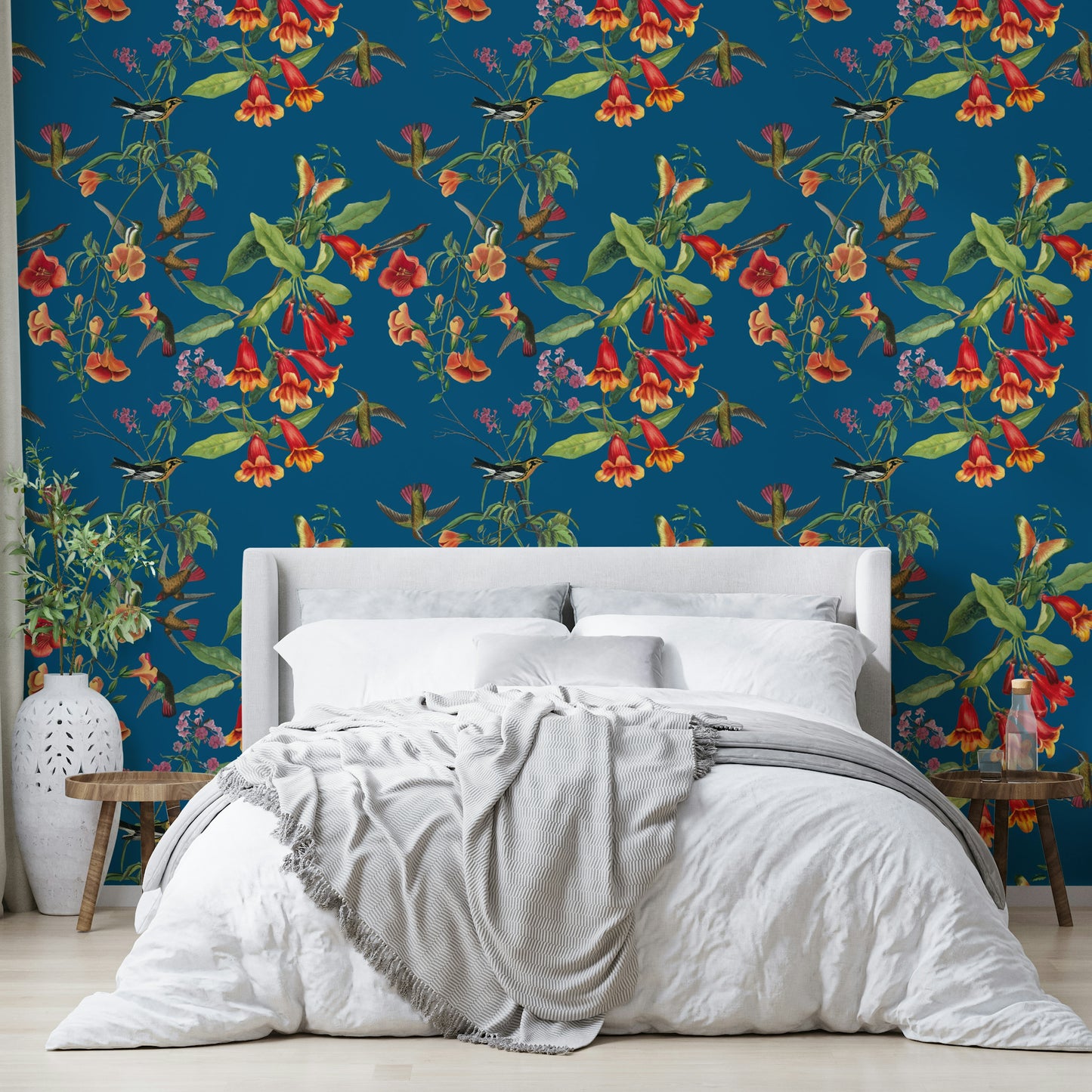 A calming foliage design wallpaper mural that defines a space.

