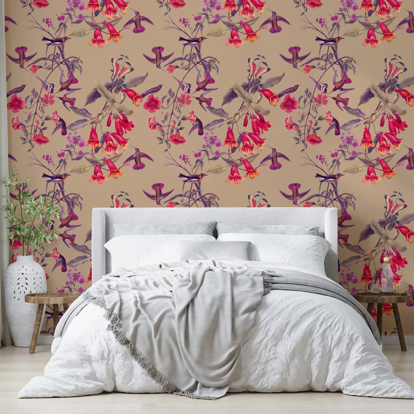 A beautiful wide-angle wall mural of delicate birds.

