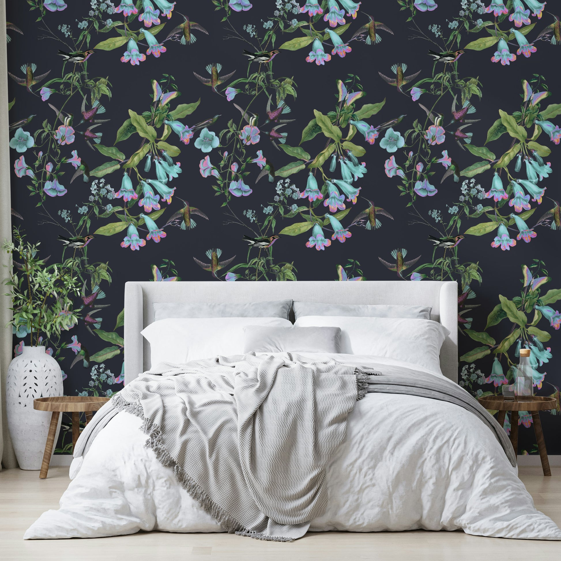 A contemplative flower and bird wallpaper mural for a feature wall.

