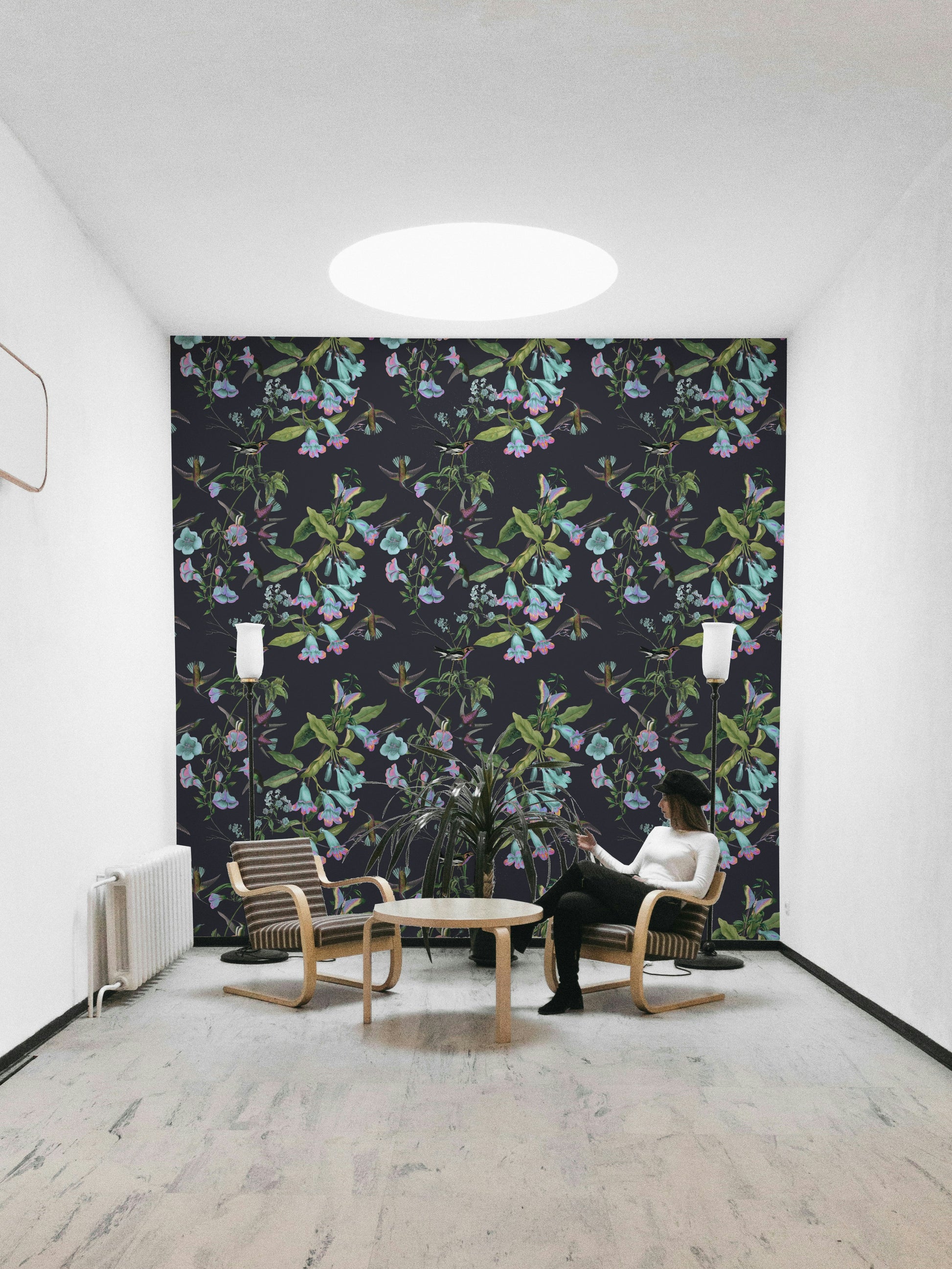 A calming garden design wallpaper mural that defines a space.

