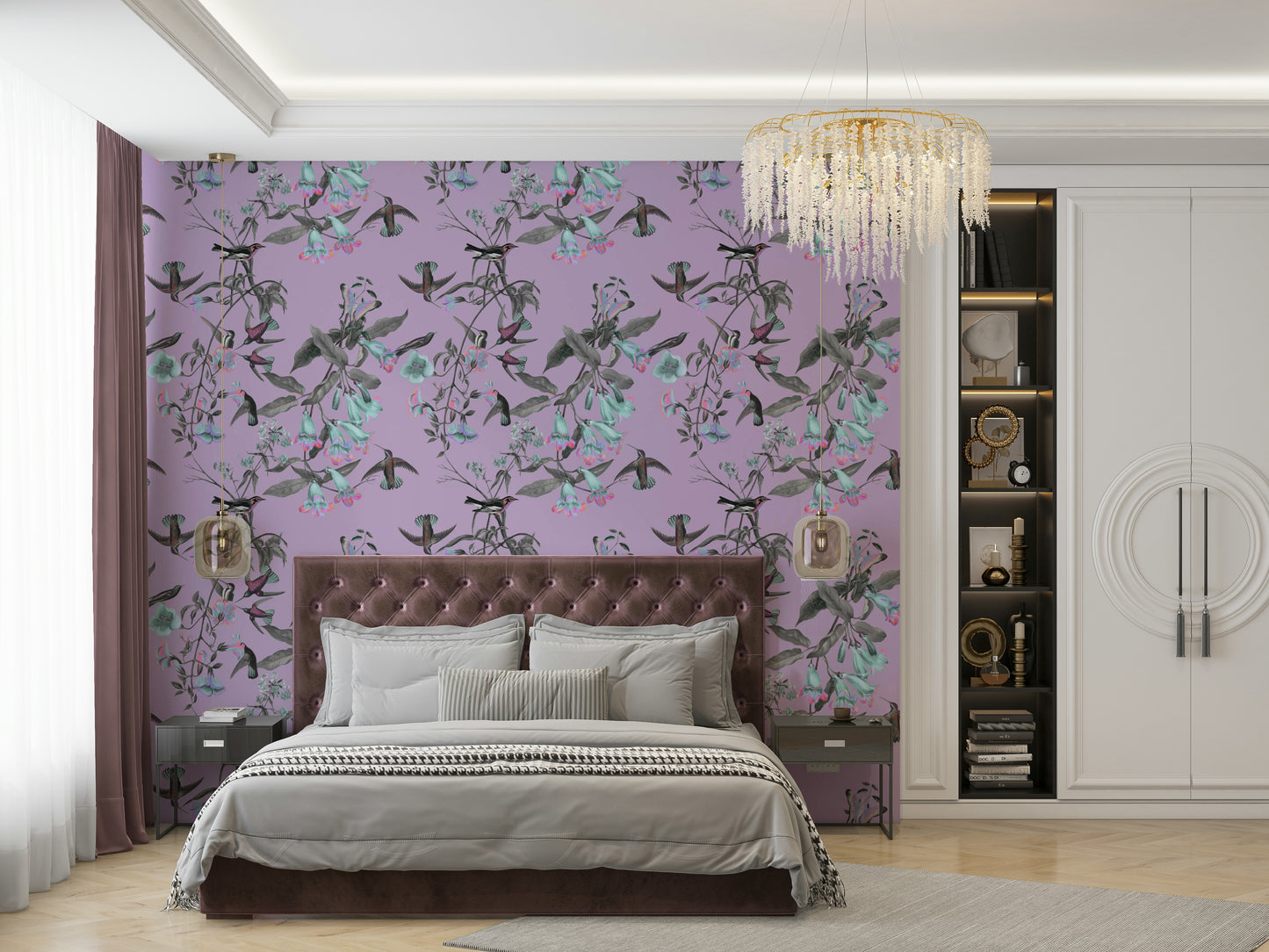 A contemplative flower and bird wallpaper mural for a feature wall.


