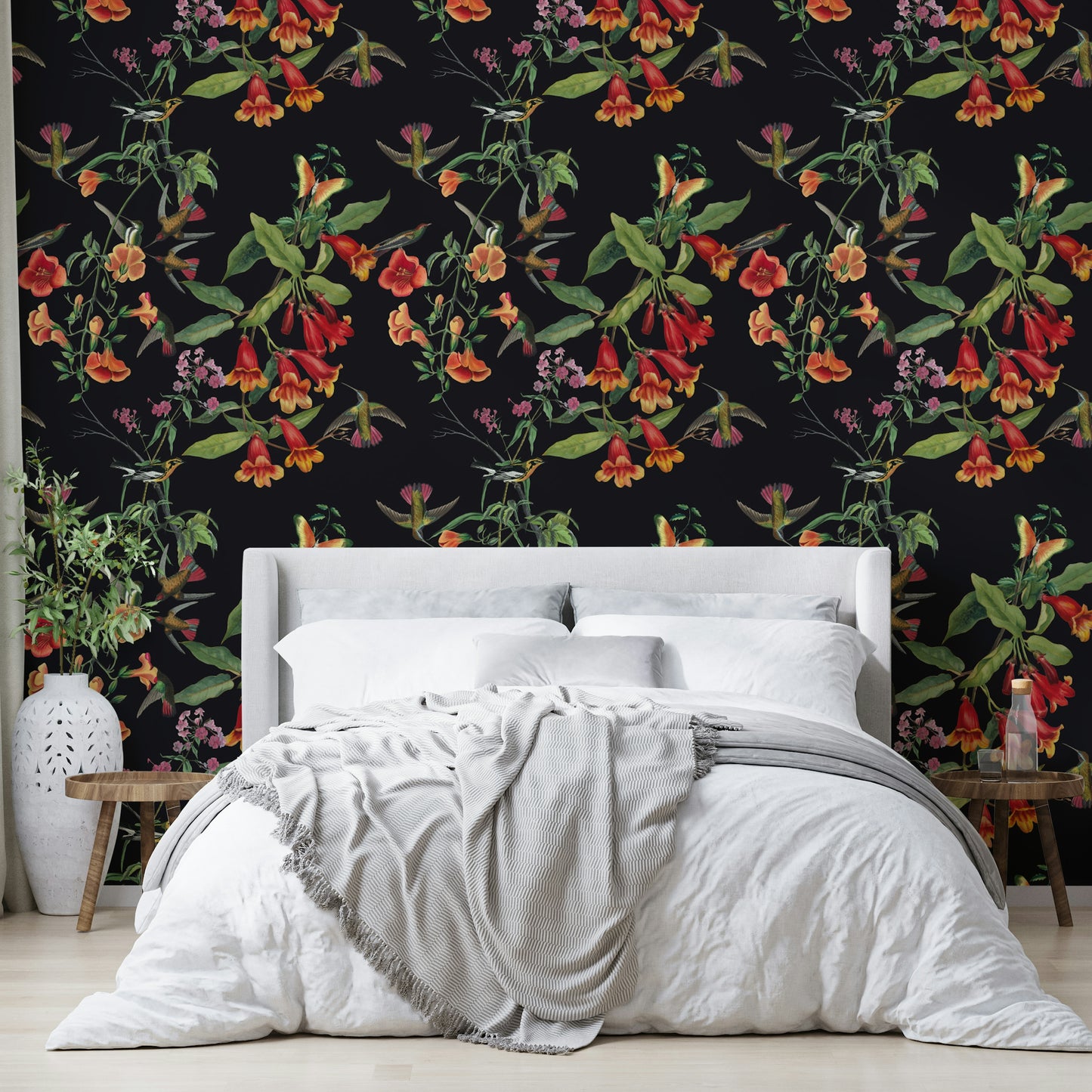 A peaceful botanical garden mural on decorative wallpaper.

