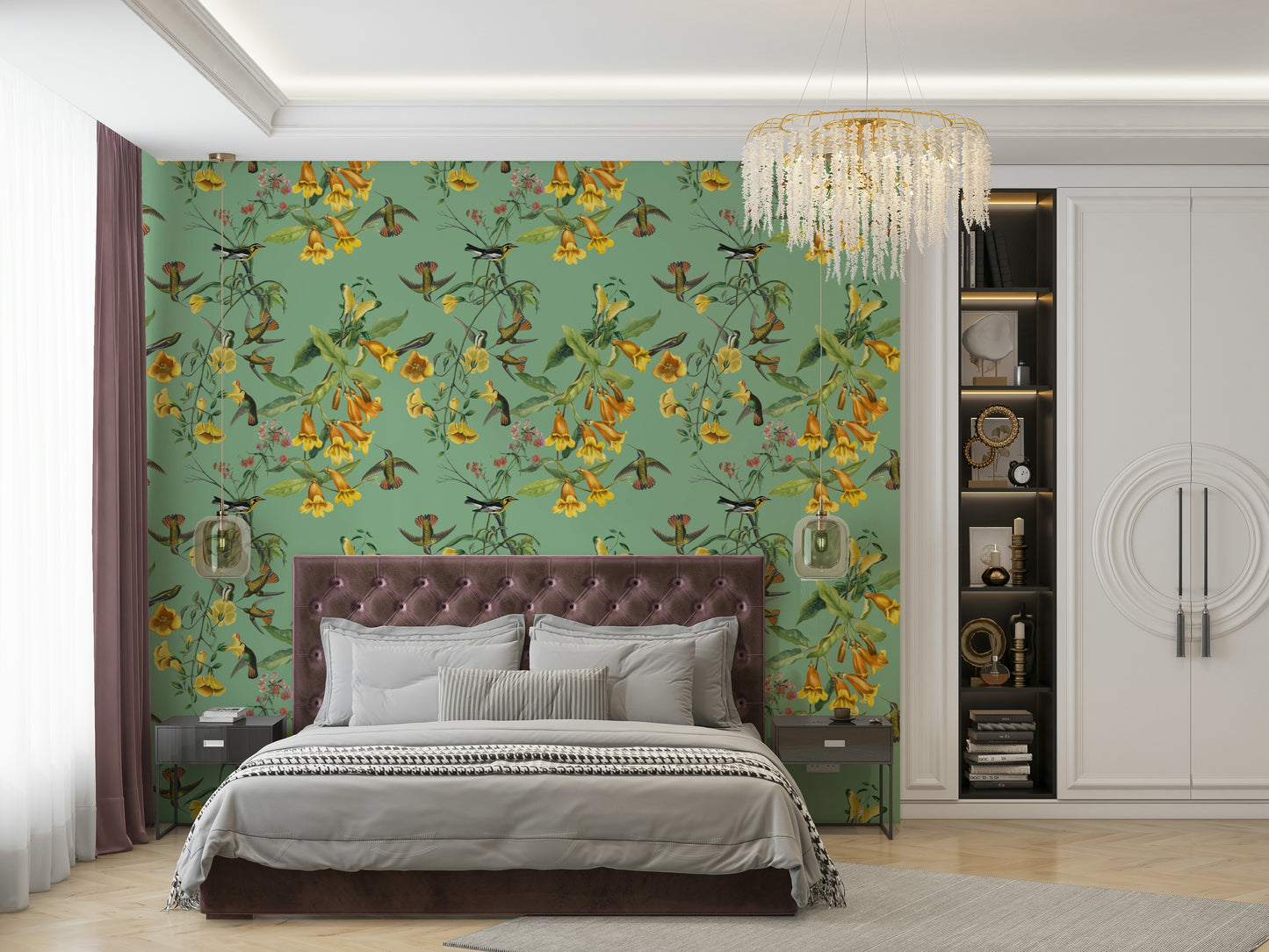 A beautiful tropical bird wall mural for a living room.


