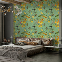 A peaceful botanical garden mural on decorative wallpaper.

