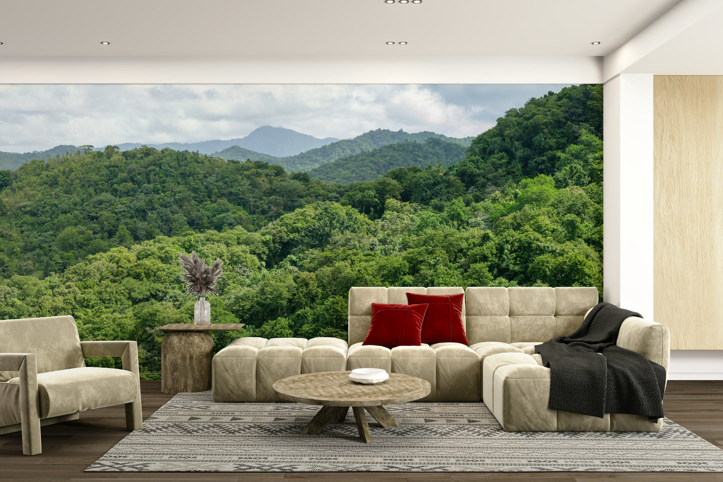 A beautiful panoramic wall mural of green fields.

