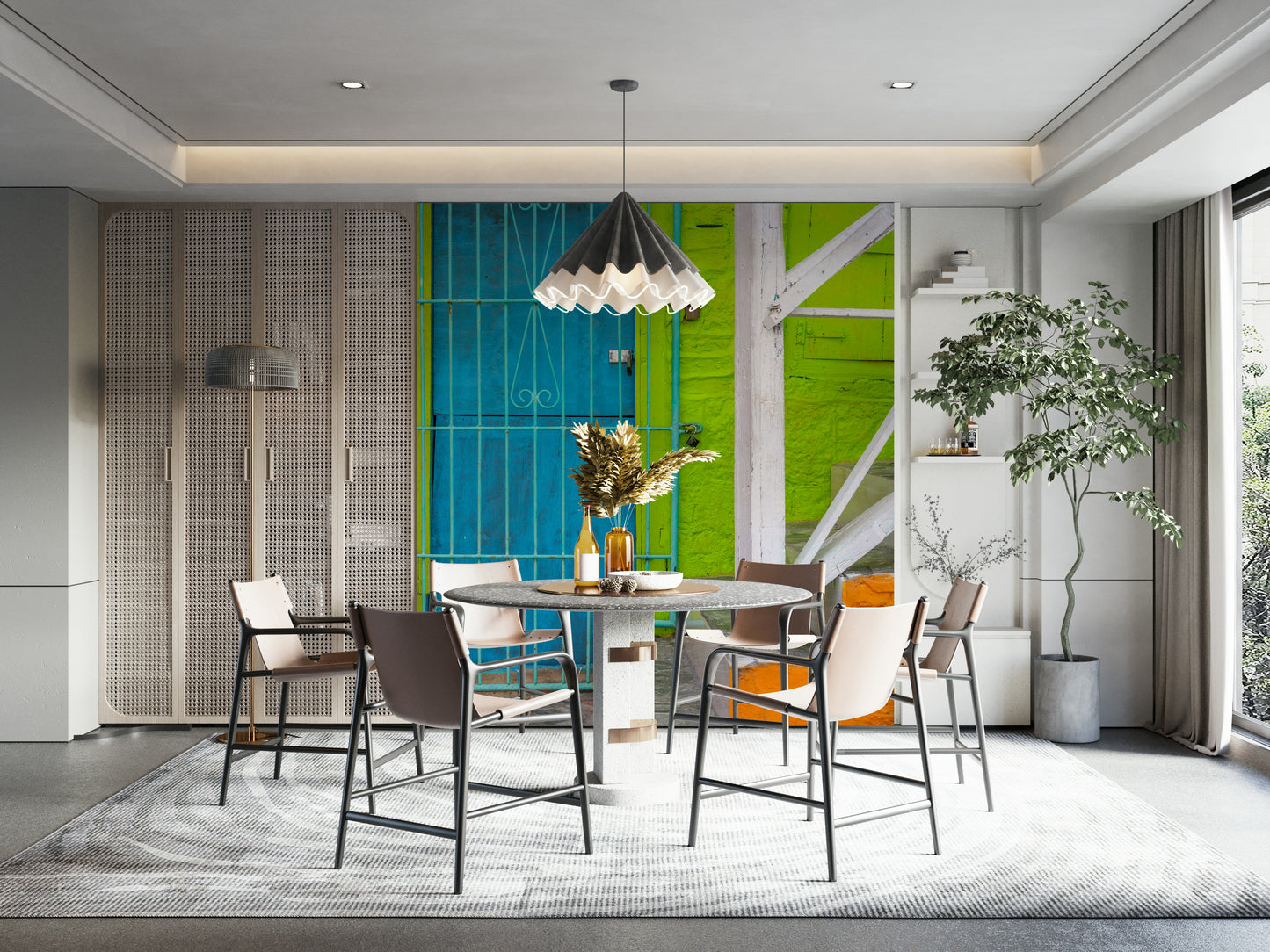 An artistic bright door mural on minimalist wallpaper.

