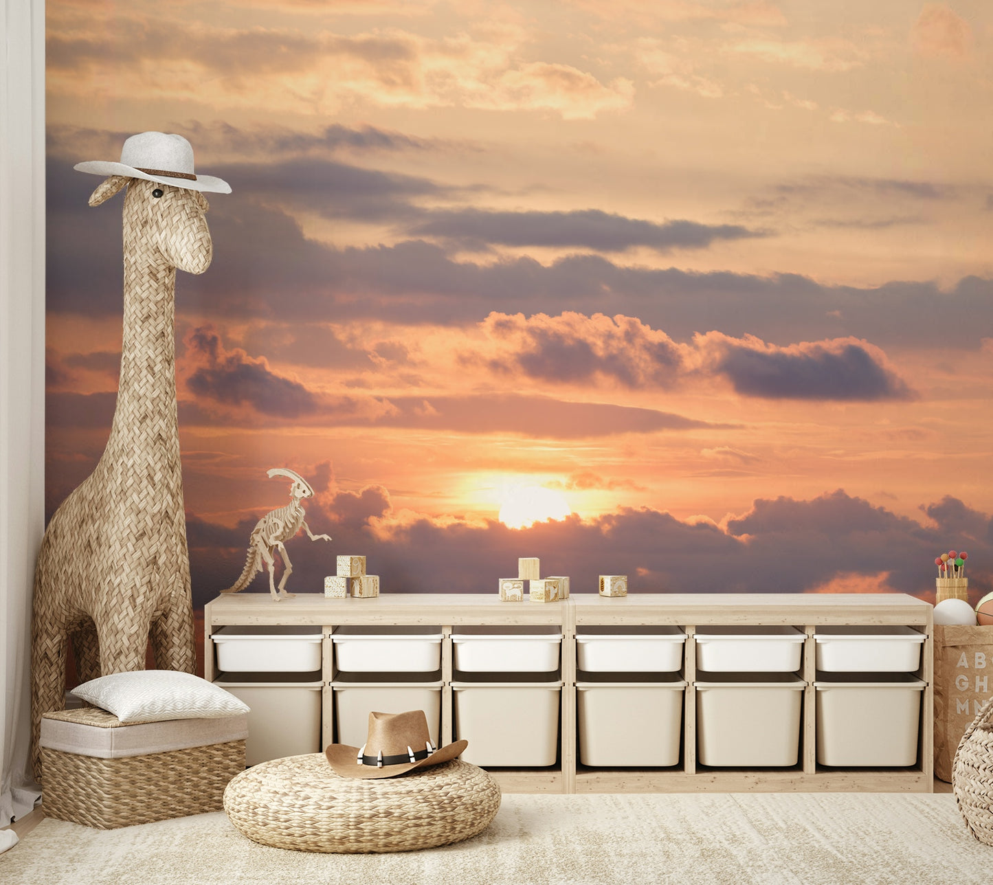 A contemplative golden light wallpaper mural for a feature wall.

