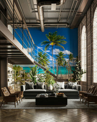 A peaceful island vista mural on decorative wallpaper.

