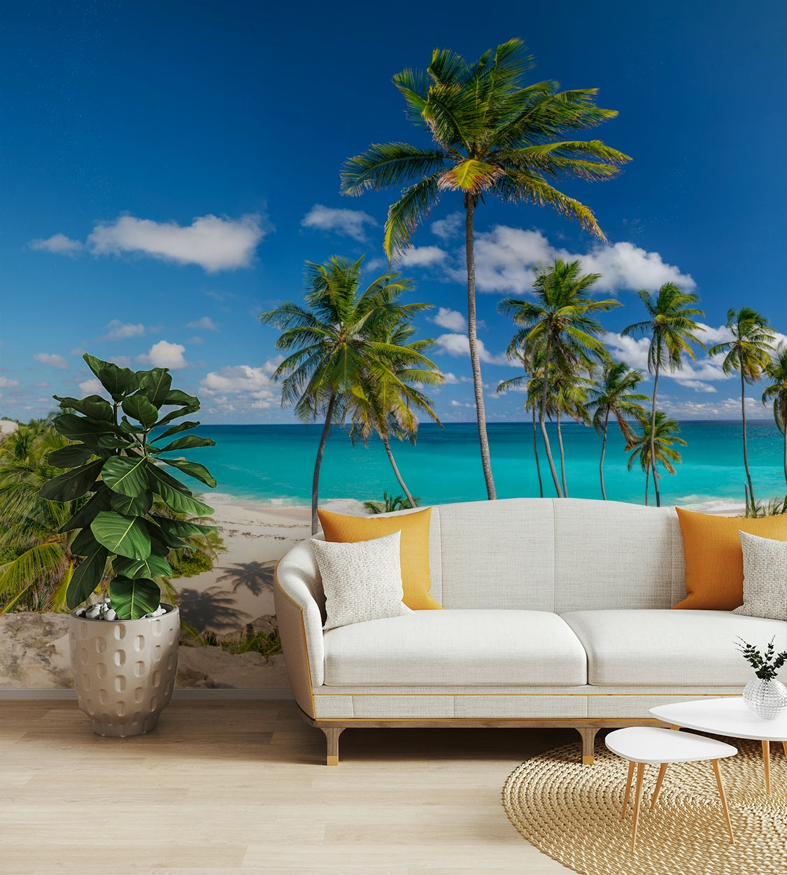 A serene tropical beach wall mural for your decor.

