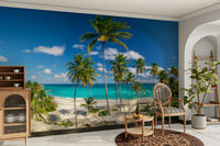 An artistic Caribbean scene mural on minimalist wallpaper.

