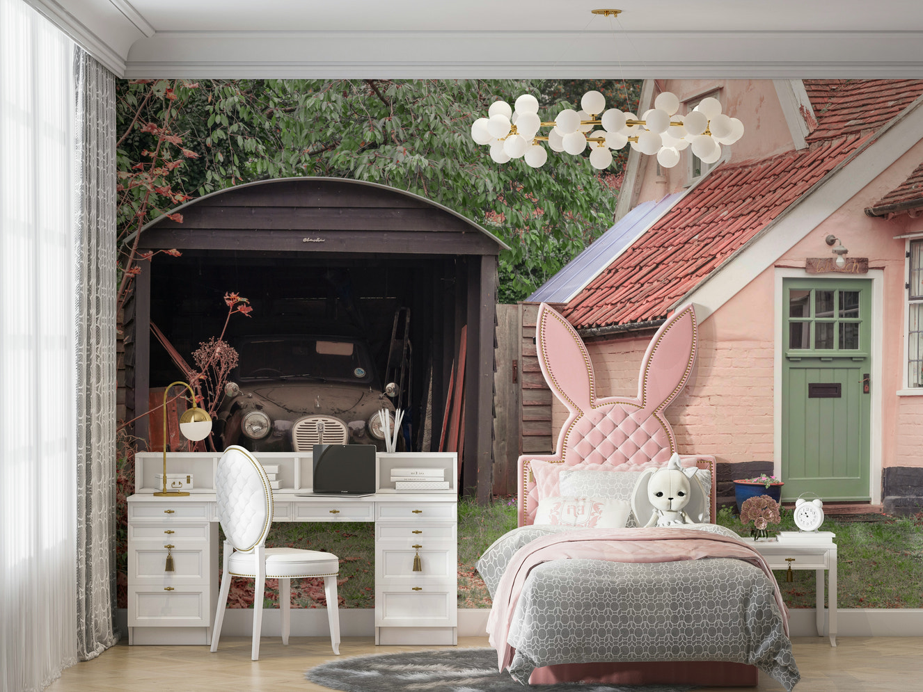 A beautiful vintage car wallpaper mural in a rustic garage.

