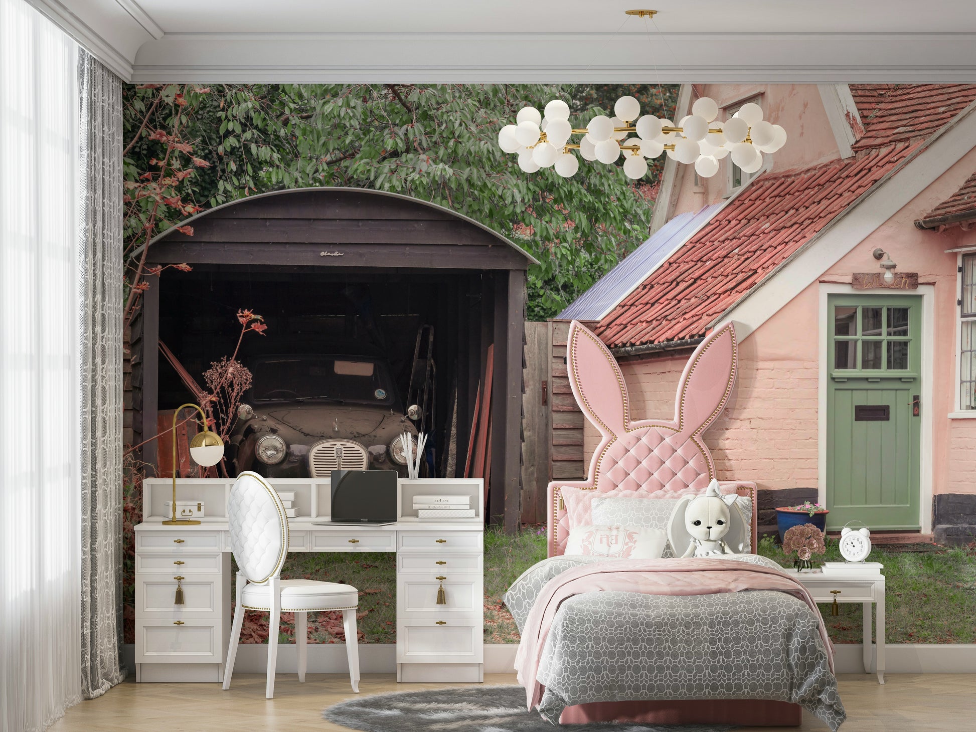 A beautiful vintage car wallpaper mural in a rustic garage.

