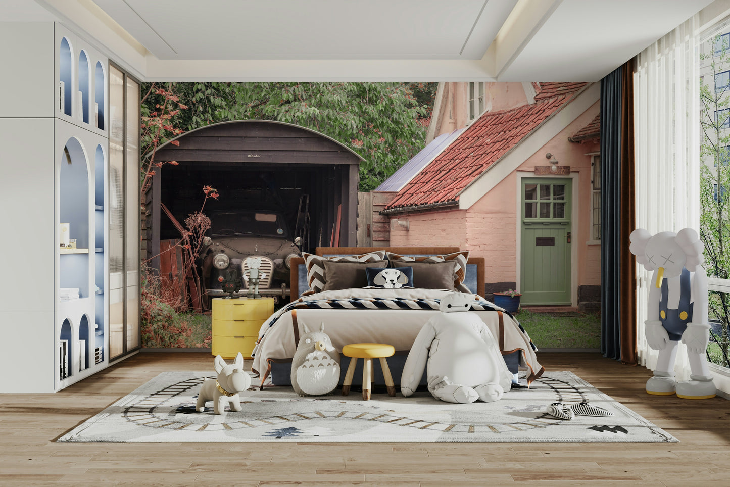 An artistic charming cottage mural on minimalist wallpaper.

