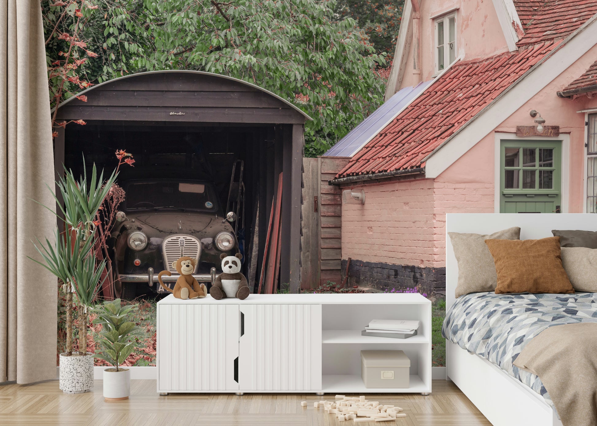 A peaceful rural scene mural on decorative wallpaper.

