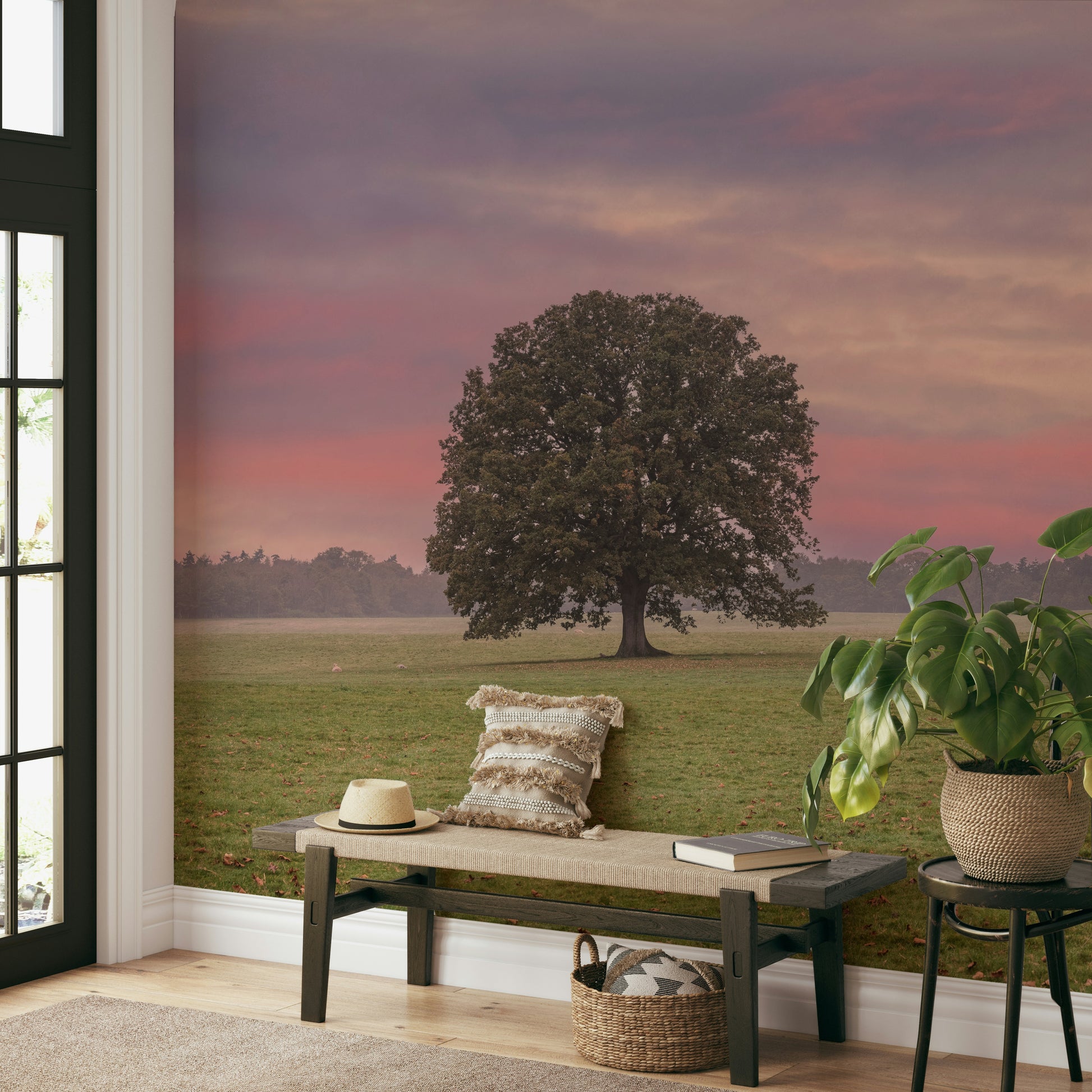 A beautiful serene field wallpaper mural under moonlight.

