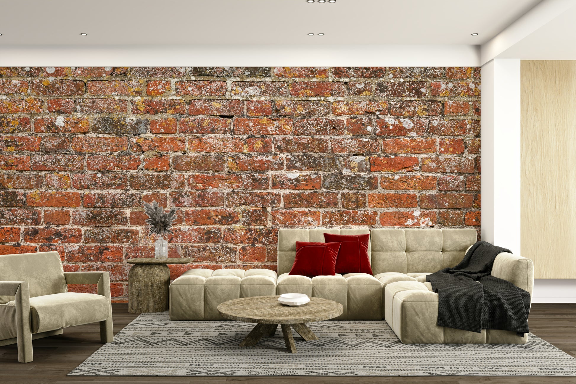 An artistic rustic brick mural on realistic wallpaper.

