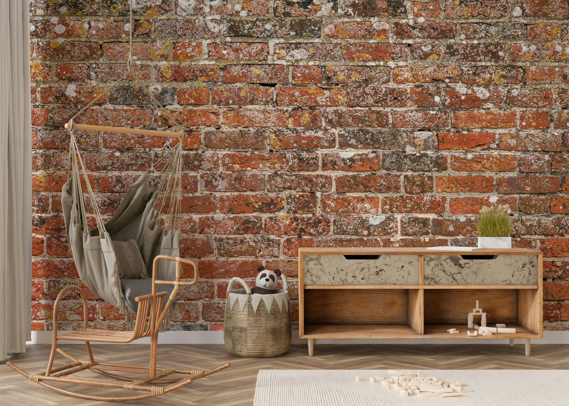 A peaceful aged brick wall mural on decorative wallpaper.

