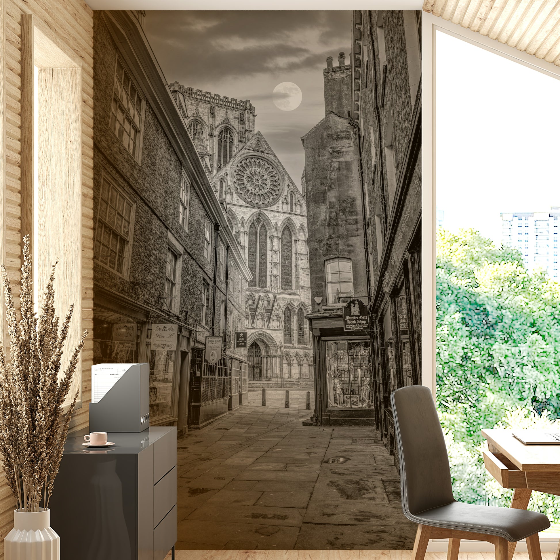 A serene mysterious street wall mural for your decor.

