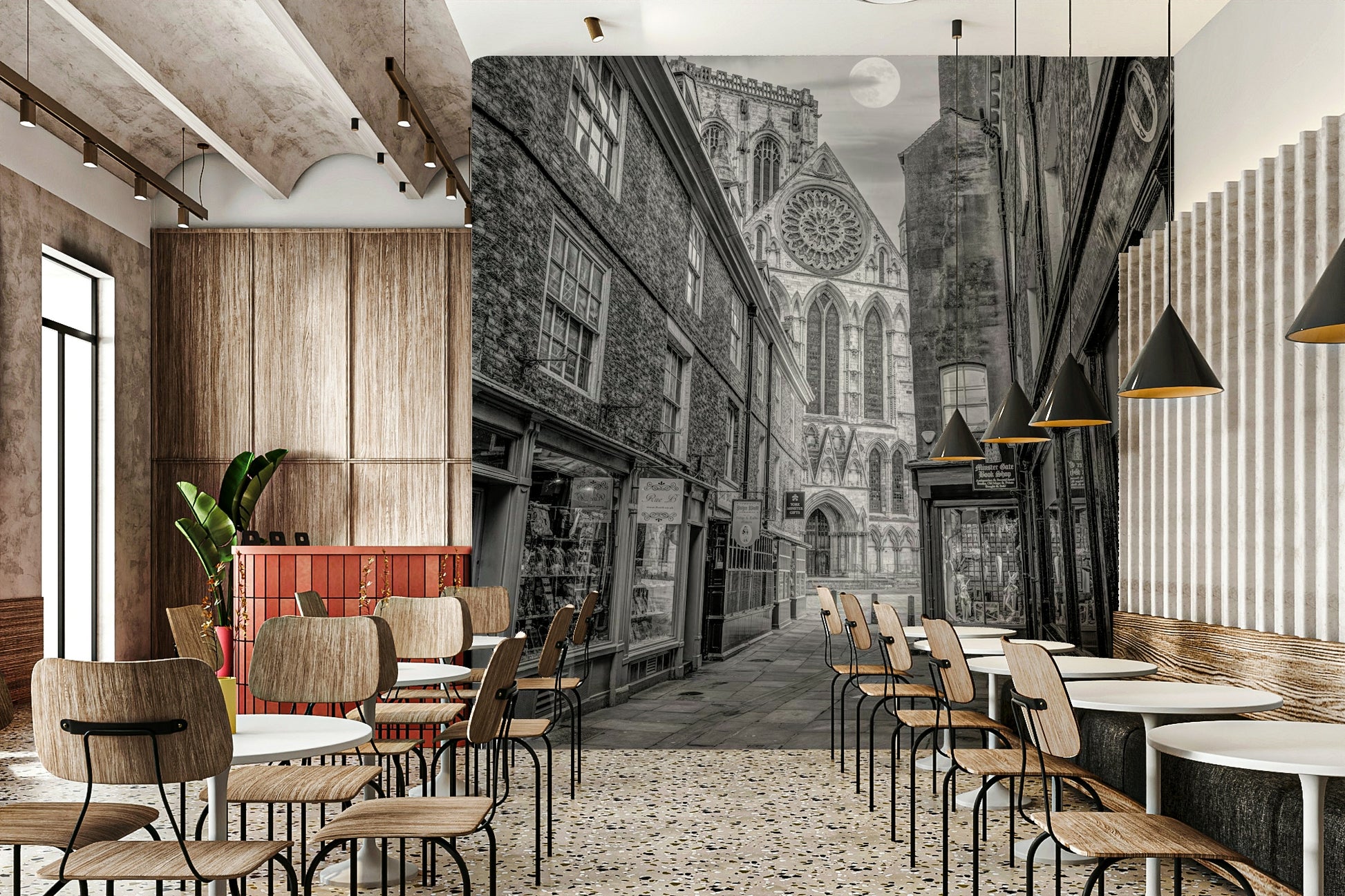 A peaceful medieval street mural on decorative wallpaper.

